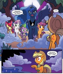 Size: 1339x1575 | Tagged: safe, artist:tony fleecs, idw, official comic, apple bloom, applejack, princess luna, scootaloo, spike, sweetie belle, alicorn, dragon, earth pony, pegasus, pony, unicorn, g4, ponies of dark water, spoiler:comic, spoiler:comic43, comic, cropped, cutie mark crusaders, donaldjack, ethereal mane, female, filly, foal, male, mare, night, speech bubble, spread wings, wings