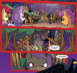 Size: 1302x1240 | Tagged: safe, artist:tonyfleecs, idw, official comic, apple bloom, fluttershy, scootaloo, sweetie belle, bear, bird, cat, crow, deer, pegasus, pony, rabbit, squirrel, tortoise, unicorn, g4, ponies of dark water, spoiler:comic, spoiler:comic43, animal, comic, cropped, cutie mark crusaders, evil, female, filly, foal, forest, mare, poison ivy, poison ivyshy, red eyes, speech bubble, stag