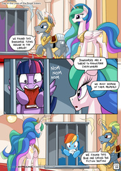 Size: 1447x2047 | Tagged: safe, artist:mysticalpha, princess celestia, rainbow dash, twilight sparkle, alicorn, pegasus, pony, comic:day in the lives of the royal sisters, g4, armor, bibliovore, book, bookhorse, cage, comic, crown, dialogue, female, horseshoes, jewelry, magic, mare, mouth hold, nom, peytral, pica, regalia, royal guard, speech bubble, telekinesis, that pony sure does love books, twilight sparkle (alicorn)