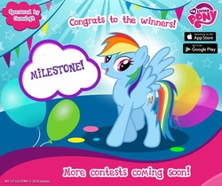 Size: 940x788 | Tagged: safe, gameloft, rainbow dash, pegasus, pony, g4, official, balloon, female, inconsistent line weight, mare, my little pony logo, solo, walking