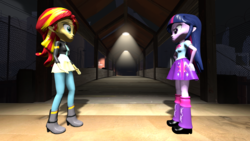 Size: 1920x1080 | Tagged: dead source, safe, artist:razethebeast, sunset shimmer, twilight sparkle, equestria girls, g4, 3d, clothes, disappointed, duo, leather jacket, skirt, source filmmaker, twilight sparkle (alicorn)