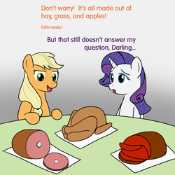 Size: 1000x1000 | Tagged: safe, artist:phallen1, applejack, rarity, earth pony, pony, turkey, unicorn, g4, 30 minute art challenge, colored sketch, cooked, dead, dialogue, duo, female, food, ham, mare, meat, missing accessory, ponies eating meat, roast