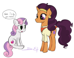 Size: 2513x1966 | Tagged: safe, artist:dotdotdotfreak, saffron masala, sweetie belle, pony, unicorn, g4, cutie mark, dialogue, duo, duo female, female, filly, foal, i really like her mane, mare, simple background, sitting, speech bubble, the cmc's cutie marks, transparent background