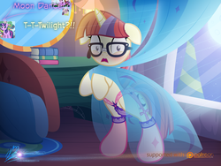 Size: 1000x750 | Tagged: safe, artist:nightmaremoons, moondancer, twilight sparkle, pony, unicorn, g4, adorkable, blushing, caught, clothes, cute, dancerbetes, dialogue, dork, female, floppy ears, frilly underwear, garter belt, glasses, lesbian, lingerie, mare, offscreen character, open mouth, panties, purple underwear, ship:twidancer, shipping, show accurate, underwear