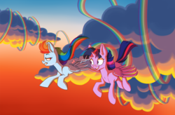 Size: 1403x920 | Tagged: safe, artist:essel, rainbow dash, twilight sparkle, alicorn, pegasus, pony, g4, flying, twilight sparkle (alicorn)