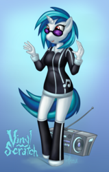 Size: 2317x3653 | Tagged: safe, artist:hirurux, dj pon-3, vinyl scratch, unicorn, anthro, unguligrade anthro, g4, anatomically incorrect, boombox, female, radio, red eyes, solo