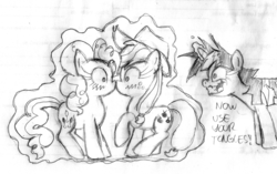 Size: 1968x1232 | Tagged: safe, artist:leadhooves, applejack, pinkie pie, twilight sparkle, earth pony, pony, unicorn, g4, blushing, female, forced, forced kiss, forced shipping, insanity, kiss on the lips, kissing, lesbian, monochrome, now kiss, ship:applepie, shipper on deck, shipping, trio, twilight snapple, twilight the shipper