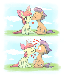 Size: 1350x1550 | Tagged: safe, artist:dzmaylon, apple bloom, tender taps, earth pony, pony, adorabloom, blushing, cheek kiss, colt, cute, cutie mark, eyes closed, female, filly, floppy ears, heart, kissing, leg twitch, male, raised hoof, shipping, sitting, smiling, straight, surprise kiss, surprised, tendaww taps, tenderbloom, the cmc's cutie marks, thump, wide eyes