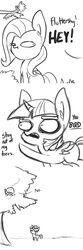 Size: 1280x3840 | Tagged: safe, artist:tjpones, fluttershy, twilight sparkle, alicorn, pony, g4, :t, behaving like a bird, comic, frown, glare, hiding, monochrome, no, pointing, twilight sparkle (alicorn)