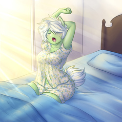 Size: 4000x4000 | Tagged: safe, artist:askbubblelee, oc, oc only, oc:dandy puff, anthro, anthro oc, breasts, clothes, curvy, female, messy hair, morning, morning ponies, pajamas, solo, stretching, tired, waking up, yawn