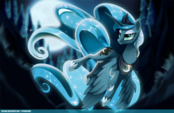 Size: 1170x757 | Tagged: safe, artist:pepooni, princess luna, g4, blurry, female, flying, forest, lidded eyes, night, solo