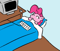 Size: 426x364 | Tagged: artist needed, source needed, safe, pinkie pie, g4, bed, computer, female, good night, keyboard, meme, sleep tight, solo
