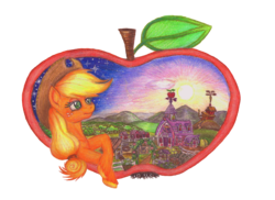 Size: 2338x1700 | Tagged: safe, artist:sall11111, applejack, g4, female, solo, sunrise, sweet apple acres, traditional art