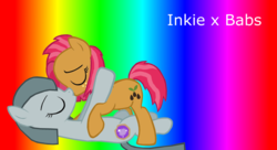 Size: 1024x558 | Tagged: safe, artist:capitalofawesome, babs seed, marble pie, g4, crack shipping, female, inkseed, kissing, lesbian, marblebabs, older babs seed, rainbow, shipping, wrong cutie mark
