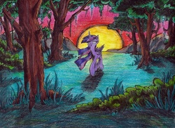 Size: 1600x1162 | Tagged: safe, artist:pepperscratch, twilight sparkle, alicorn, pony, g4, female, forest, solo, sunset, traditional art, twilight sparkle (alicorn), windswept mane