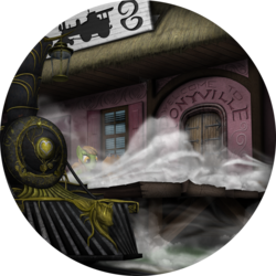 Size: 1280x1280 | Tagged: safe, artist:konsumo, oc, oc only, locomotive, ponyville, ponyville mystery, scenery, steam, steam locomotive, train, train station
