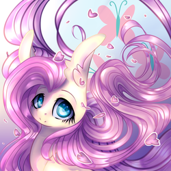 Size: 2000x2000 | Tagged: safe, artist:rinioshi, fluttershy, g4, female, high res, looking at you, petals, solo, windswept mane