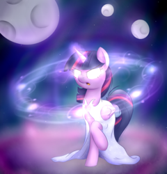 Size: 2740x2858 | Tagged: safe, artist:pucksterv, twilight sparkle, alicorn, pony, g4, clothes, dress, female, glowing eyes, high res, magic, moon, raised hoof, solo, space, twilight sparkle (alicorn)
