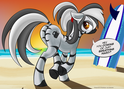 Size: 1200x868 | Tagged: source needed, useless source url, safe, artist:deeptriviality, oc, oc only, oc:kinky beer, zebra, beach, butt, dialogue, female, plot, solo