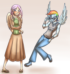 Size: 760x800 | Tagged: safe, artist:countaile, fluttershy, rainbow dash, human, g4, blushing, boots, clothes, duo, duo female, female, humanized, jeans, long skirt, one eye closed, pants, pony coloring, sandals, shirt, skirt, smiling, sunglasses, sweater, sweatershy, winged humanization, wink