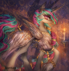 Size: 3840x3970 | Tagged: safe, artist:girlsay, princess celestia, g4, butt, candle, clothes, dress, female, high res, patreon, patreon logo, plot, solo, tail wrap