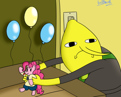 Size: 1500x1200 | Tagged: dead source, safe, artist:icebreak23, pinkie pie, earth pony, pony, g4, adventure time, another five more short graybles, balloon, brony, crossover, frown, lemongrab, male, toy