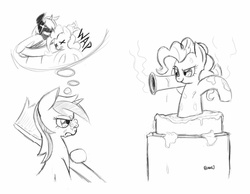 Size: 1280x992 | Tagged: safe, artist:trickydick, minuette, pinkie pie, g4, cake, cupcake, food, monochrome, rocket launcher, thought bubble, toothbrush