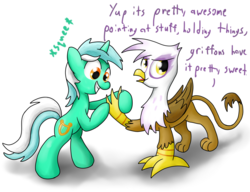 Size: 3000x2301 | Tagged: safe, artist:041744, gilda, lyra heartstrings, griffon, pony, unicorn, g4, bipedal, claws, duo, hand, that pony sure does love hands