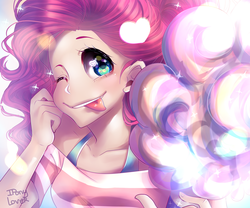 Size: 2115x1758 | Tagged: safe, artist:iponylover, pinkie pie, human, g4, cotton candy, cute, diapinkes, female, food, heart, heart eyes, humanized, solo, starry eyes, tongue out, wingding eyes