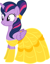 Size: 1479x1911 | Tagged: safe, artist:cloudy glow, twilight sparkle, alicorn, pony, g4, alternate hairstyle, beauty and the beast, belle, clothes, clothes swap, cosplay, costume, disney, dress, female, folded wings, implied straight, mare, simple background, solo, transparent background, twilight sparkle (alicorn), vector