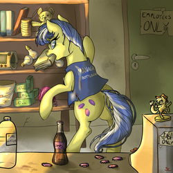 Size: 1500x1500 | Tagged: safe, artist:sourcherry, applejack, oc, oc:bottlecap, earth pony, pony, fallout equestria, fallout equestria: project horizons, g4, book, bottlecap, butt, fanfic, fanfic art, female, hat, hooves, mare, ministry mares, ministry mares statuette, pipbuck, plot, solo, sparkle cola, statuette, teddy bear