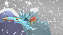 Size: 3840x2160 | Tagged: safe, artist:johondar, rainbow dash, g4, 3d, female, flying, goggles, high res, mountain, poster, snow, snowfall, solo, source filmmaker