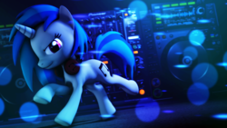 Size: 3840x2160 | Tagged: safe, artist:fioscrasher, dj pon-3, vinyl scratch, g4, 3d, blue, high res, looking at you, mixer, running, source filmmaker