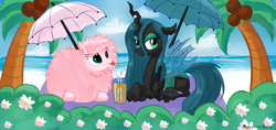 Size: 1827x865 | Tagged: safe, artist:molochko-persik, queen chrysalis, oc, oc:fluffle puff, g4, beach, canon x oc, female, lesbian, ship:chrysipuff, shipping