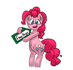 Size: 1280x1231 | Tagged: safe, artist:pabbley, pinkie pie, earth pony, pony, g4, spice up your life, belly button, bipedal, cute, diapinkes, female, free hugs, open mouth, sign, simple background, smiling, solo, white background