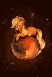 Size: 1897x2801 | Tagged: safe, artist:segraece, part of a set, applejack, earth pony, pony, g4, cute, female, floppy ears, giant pony, hose, macro, mare, mars, mouth hold, pony bigger than a planet, prone, smiling, solo, space, tangible heavenly object, water, watering