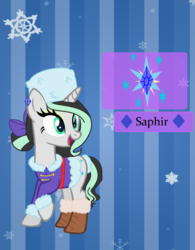 Size: 1073x1373 | Tagged: safe, artist:obeliskgirljohanny, oc, oc only, oc:saphir, pony, unicorn, base used, boots, clothes, cutie mark, ear piercing, earring, fur coat, fur hat, hat, jewelry, looking up, neighssia, piercing, russian, shoes, solo
