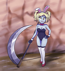 Size: 3188x3472 | Tagged: safe, artist:sumin6301, derpy hooves, equestria girls, g4, breasts, bunny ears, bunny girl, bunny suit, busty derpy hooves, cleavage, clothes, female, fingerless gloves, gloves, hand on hip, high heels, high res, legs together, scythe, solo, weapon