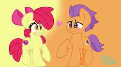 Size: 3000x1657 | Tagged: safe, artist:lynchristina, apple bloom, tender taps, g4, blushing, cutie mark, female, heart, male, shipping, straight, tenderbloom, the cmc's cutie marks