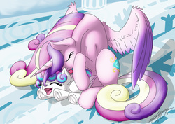 Size: 1280x906 | Tagged: safe, artist:ravvij, princess cadance, princess flurry heart, alicorn, pony, g4, the crystalling, :p, bathing, crystal empire, cute, duo, duo female, eyes closed, female, filly, fluffy, flurrybetes, grooming, happy, horses doing horse things, laughing, licking, mama cadence, mare, missing accessory, mother and daughter, open mouth, prone, sitting, smiling, spread wings, tickling, tongue bath, tongue out, underhoof, weapons-grade cute