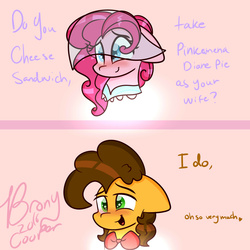 Size: 3000x3000 | Tagged: safe, artist:lynchristina, cheese sandwich, pinkie pie, g4, female, floppy ears, high res, hilarious in hindsight, male, marriage, ship:cheesepie, shipping, straight, wedding