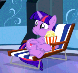 Size: 550x515 | Tagged: safe, artist:éclair, edit, edited screencap, screencap, twilight sparkle, alicorn, pony, the crystalling, animated, aweeg*, beach chair, chair, cute, eating, female, food, on side, popcorn, puffy cheeks, role reversal, solo, twilight sparkle (alicorn)