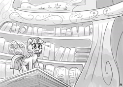 Size: 1280x906 | Tagged: safe, artist:pabbley, twilight sparkle, alicorn, pony, g4, book, female, golden oaks library, micro, monochrome, solo, twilight sparkle (alicorn)