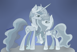 Size: 3009x2055 | Tagged: safe, artist:giraffer98, princess celestia, princess luna, pony, unicorn, g4, high res, hoof hold, race swap, royal sisters, statue, younger