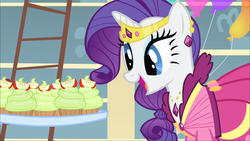 Size: 1920x1080 | Tagged: safe, screencap, rarity, pony, unicorn, a bird in the hoof, g4, season 1, clothes, cupcake, cute, dress, ear piercing, earring, female, food, formal wear, gala dress, gown, happy, jewelry, mare, necklace, open mouth, piercing, raribetes, rarity looking at food, rarity's first gala dress, smiling, solo, tiara