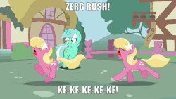 Size: 576x324 | Tagged: safe, edit, lily, lily valley, lyra heartstrings, earth pony, pony, unicorn, g4, 60 fps, adorable distress, animated, clone, cute, duo, eyes closed, female, gif, infinite loop, loop, mare, meme, multeity, open mouth, running, scared, spooking lily, starcraft, zerg rush