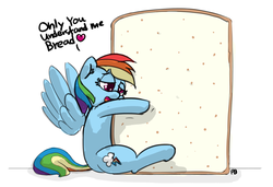 Size: 1280x877 | Tagged: safe, artist:pabbley, rainbow dash, pegasus, pony, g4, bread, cargo ship, colored pupils, dialogue, female, floating wings, food, heart, hug, lidded eyes, mare, open mouth, rainbread, shipping, simple background, smiling, solo, spread wings, wat, white background, wings