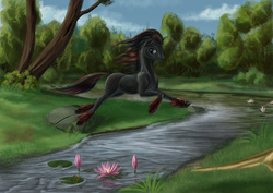 Size: 1280x905 | Tagged: safe, artist:kirillk, oc, oc only, oc:alcery, earth pony, frog, pony, day, forest, grass, jumping, river, solo, unshorn fetlocks