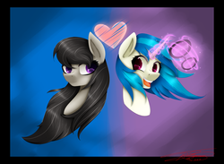 Size: 2103x1537 | Tagged: safe, artist:rosejule, dj pon-3, octavia melody, vinyl scratch, g4, female, heart, lesbian, ship:scratchtavia, shipping