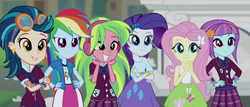 Size: 796x342 | Tagged: safe, screencap, fluttershy, indigo zap, lemon zest, rainbow dash, rarity, sunny flare, equestria girls, g4, my little pony equestria girls: friendship games, clothes, female, pleated skirt, skirt